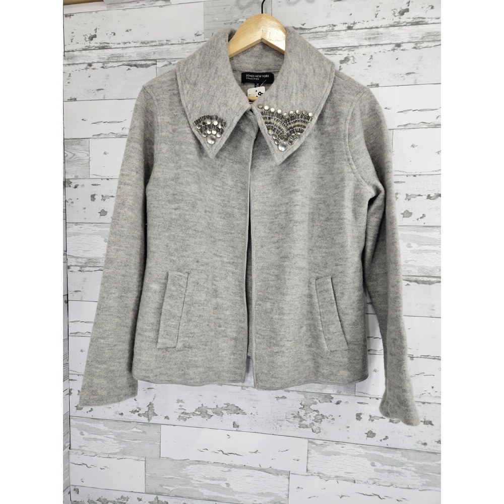 Jones New York Merino Wool Gray Embellished Collar Cardigan Jacket Womens Medium